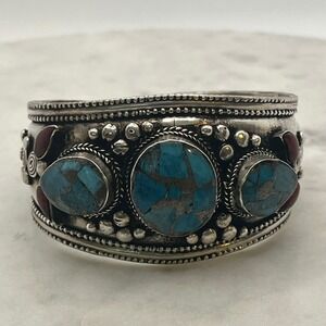 Vintage Turquoise Cuff Bracelet Tibetan Mosaic German Silver Wide Statement Boho